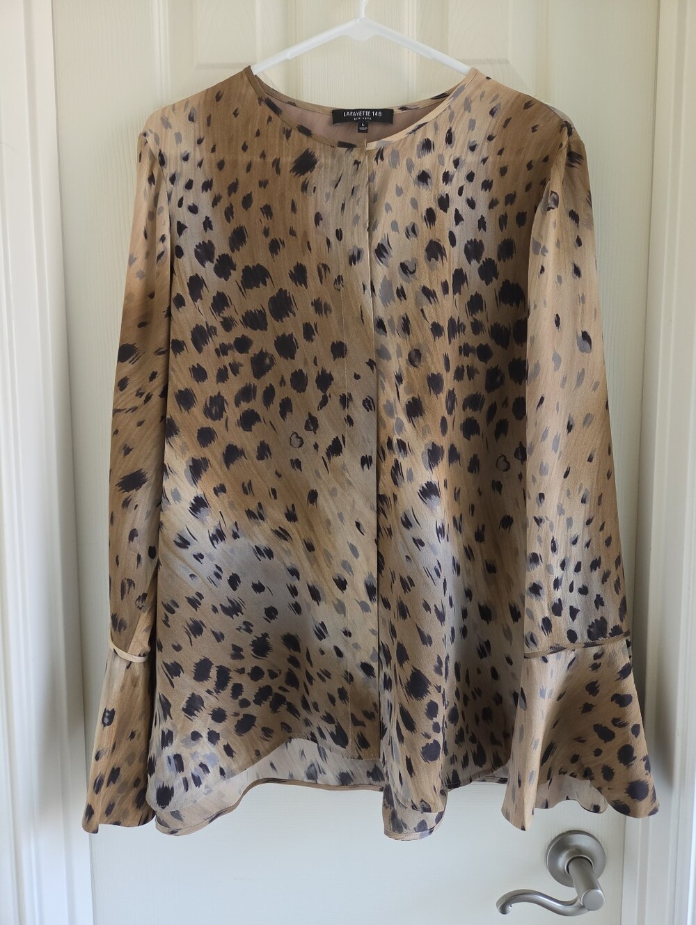 Lafayette 148 New York Silk Izzy Agave Leopard Print Blouse Bell Sleeve L